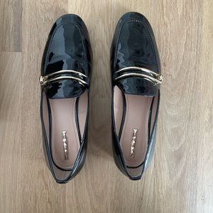 Tahari Black Patent Loafers with Gold Buckle